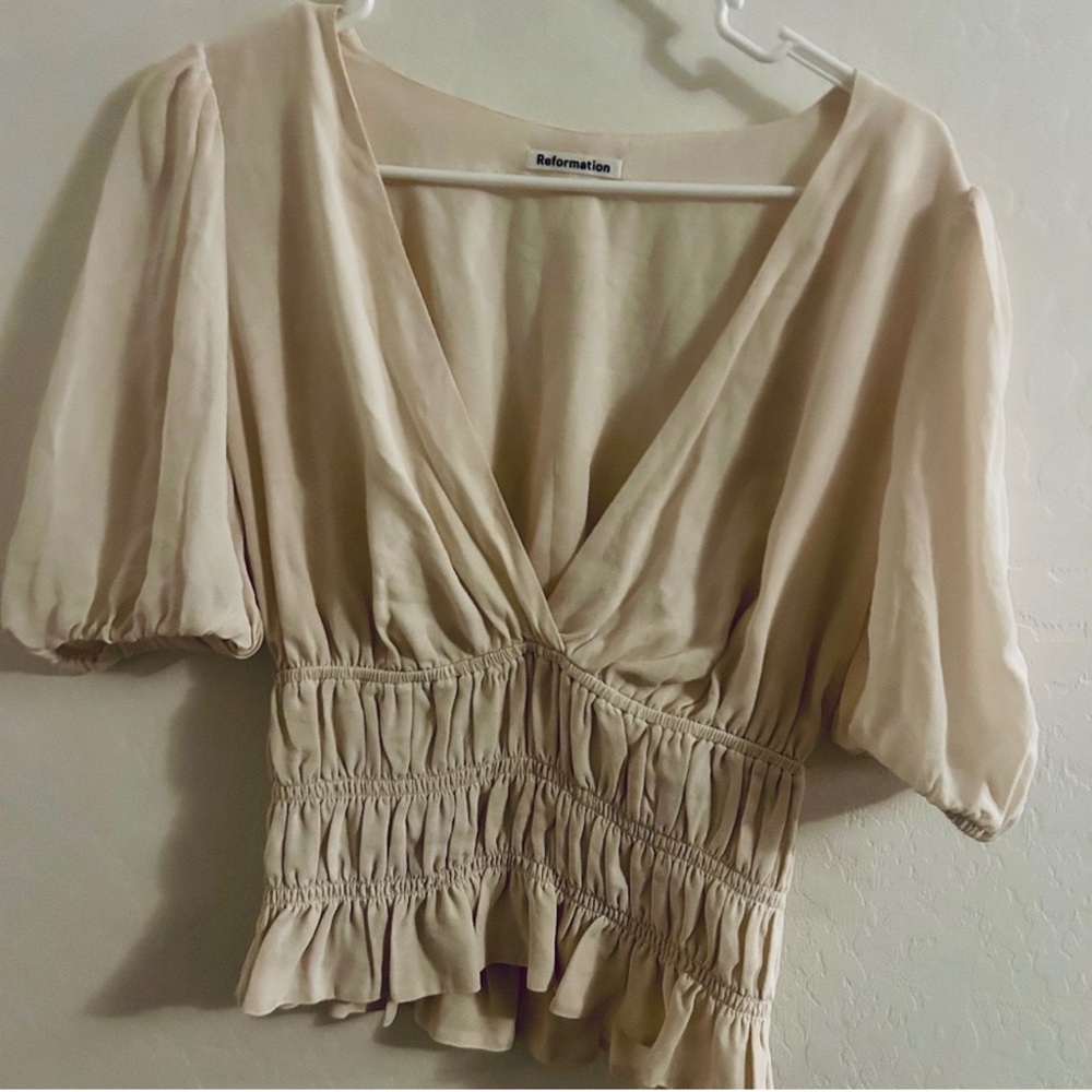 Reformation Cream Blouse with Puff Sleeves